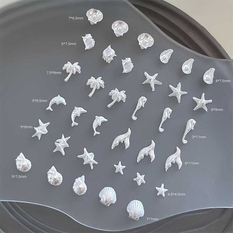 50pcs Assorted Pearlescent Shell Nail Charms Ice-Clear Aurora Ocean Series Starfish Scallop Resin Nail Decorations
