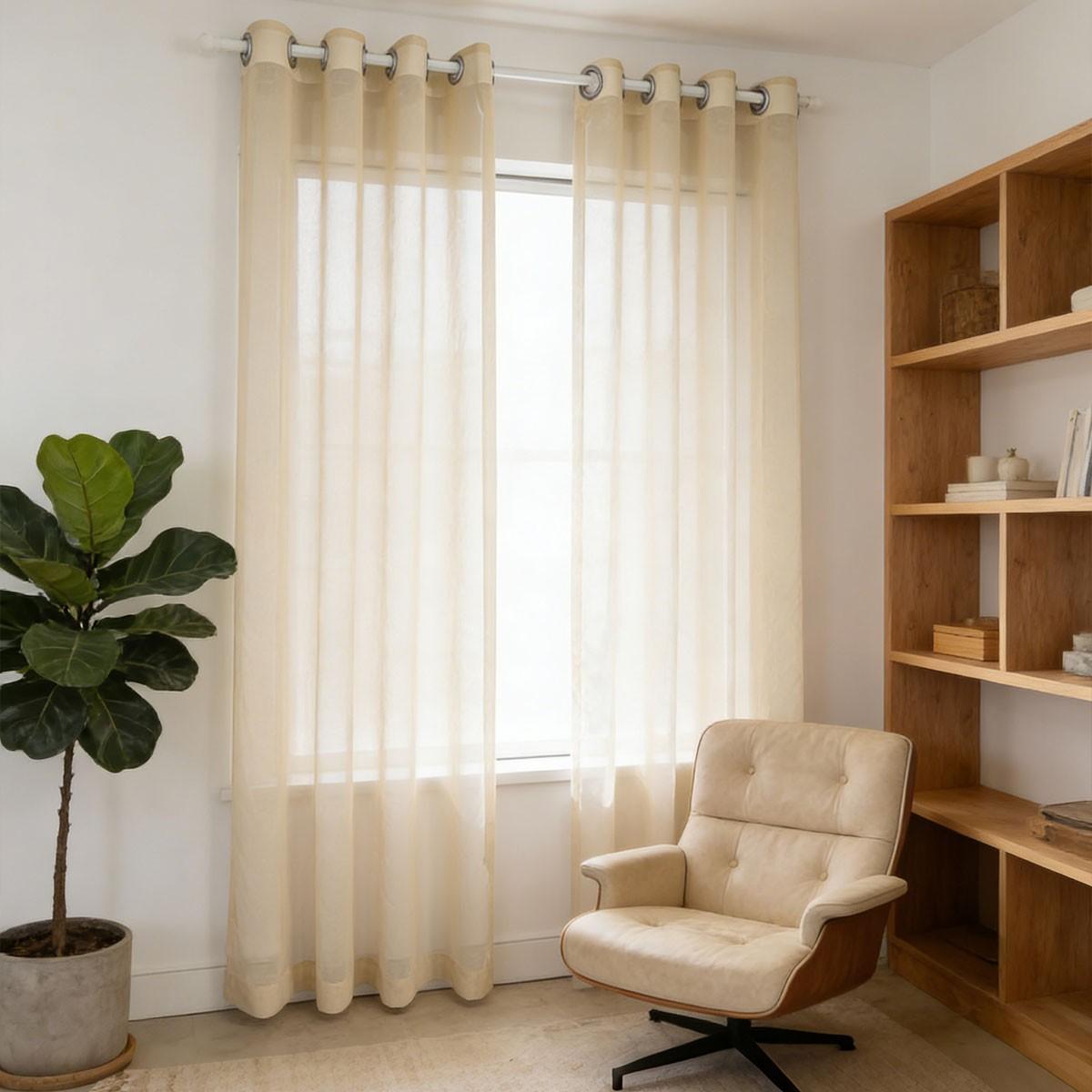 2pcs Creamy Sheer Voile Curtain, Living Room Bedroom Style Perforated Floor-To-Ceiling Window Shade, Balcony Semi-Transparent Curtain