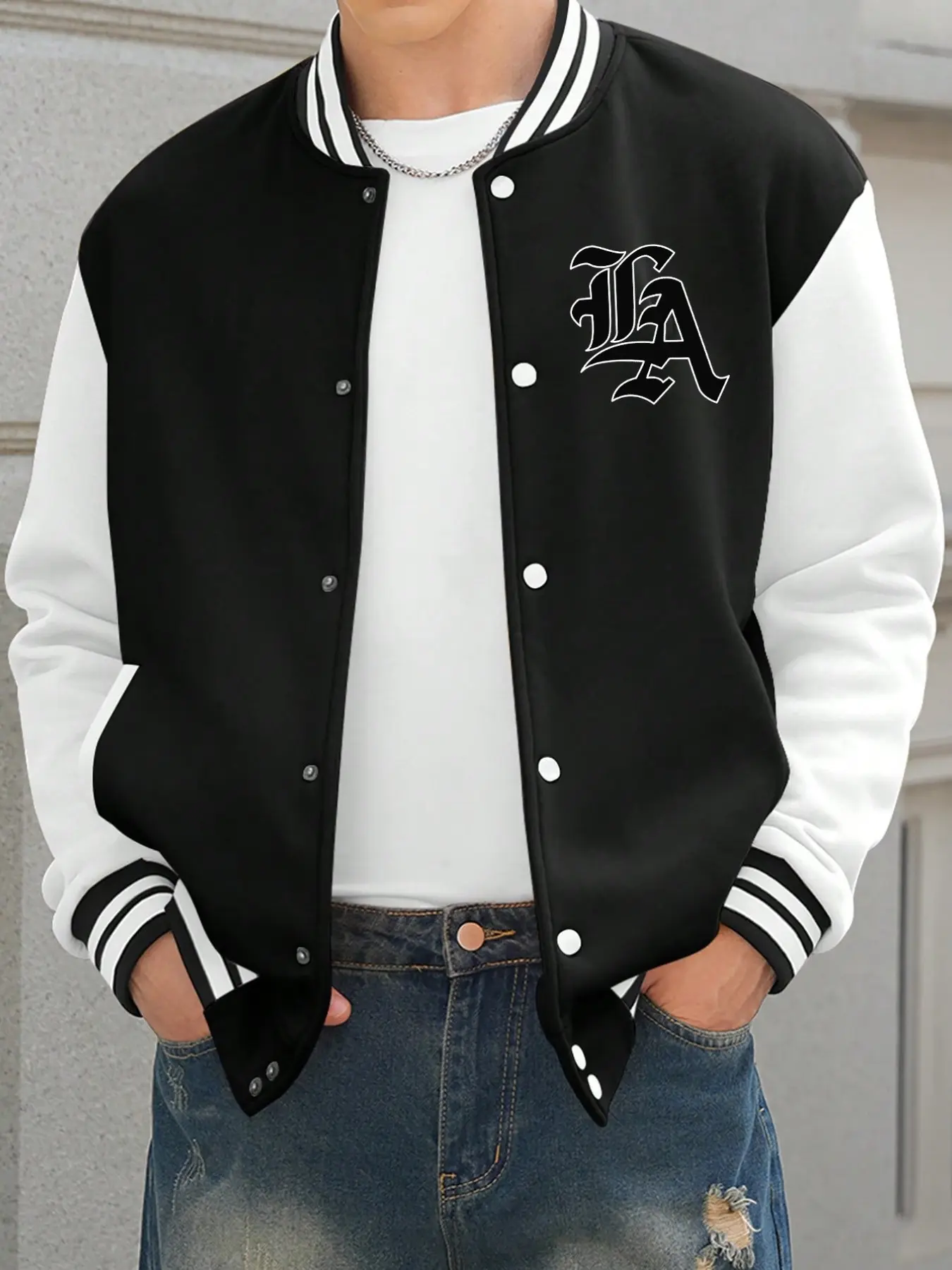 Men's LA Letter Print Patchwork School Jacket, Long Sleeve Snap Baseball Coat, Vintage Streetwear Fashion Pilot Jacket, Fall Winter Casual Wear