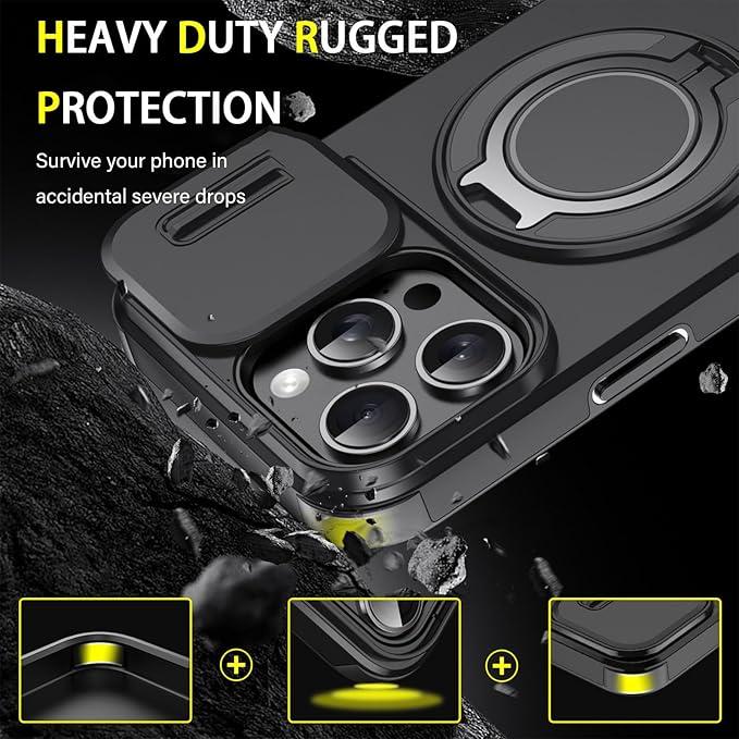 Case with Slide Camera Cover for iPhone 16 15 14 13 12 Pro Max, Rotated Ring Kickstand Military Grade Shockproof Protective Cover Rugged Heavy Duty For Men Women