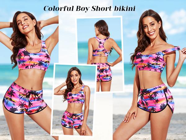 Tempt Me Women Two Piece Sports Bikini Athletic Swimsuits Racerback Crop Top with Boy Shorts Bathing Suits for Girls Vests