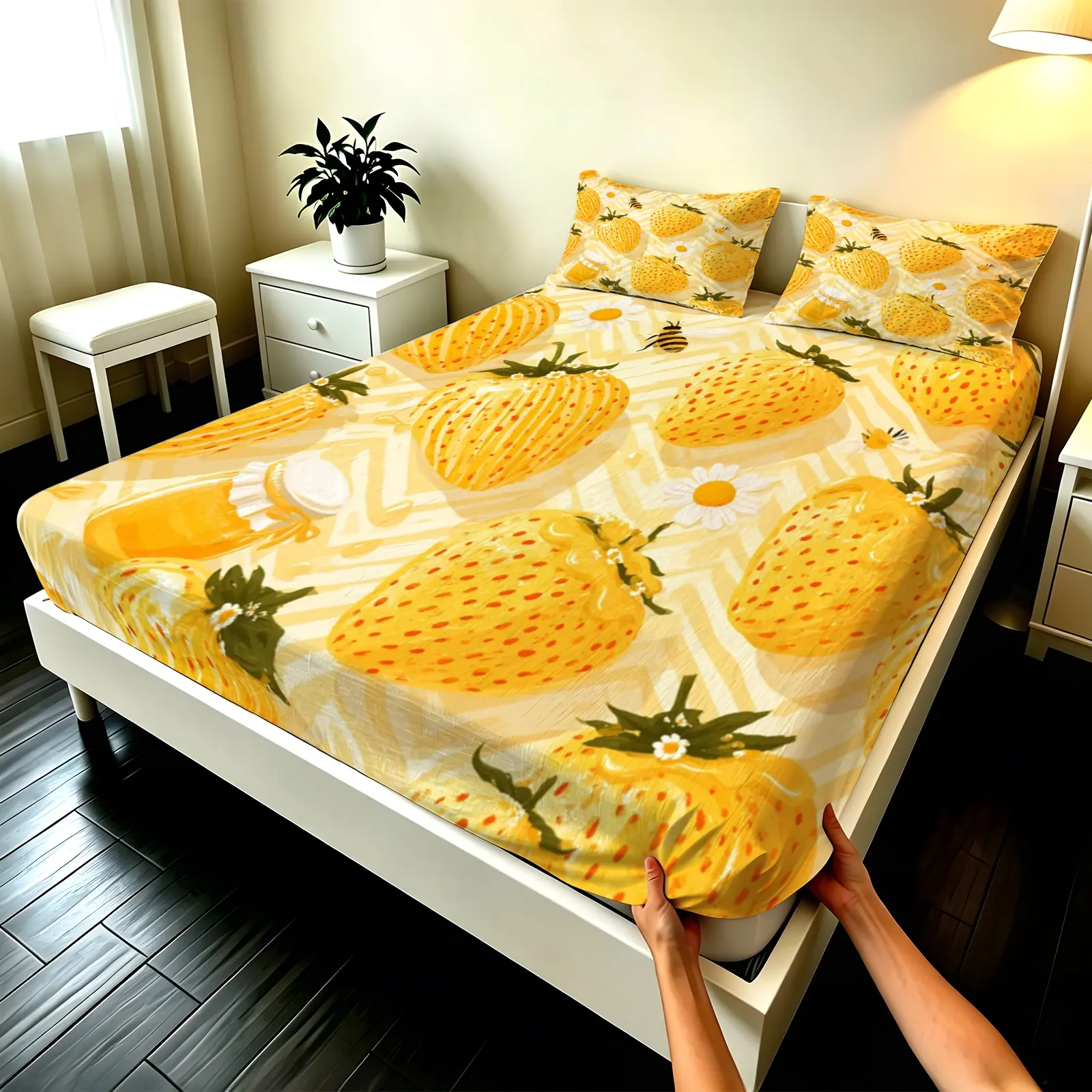 3pcs Fitted sheet Yellow Strawberry Daisy Honey Bee Print Soft Microfiber Theme Bedding Set, Wrinkle Resistant Fade Proof Breathable Comfortable Fitted Sheet Set for Bedroom Home, Fit Twin Full Queen King Size