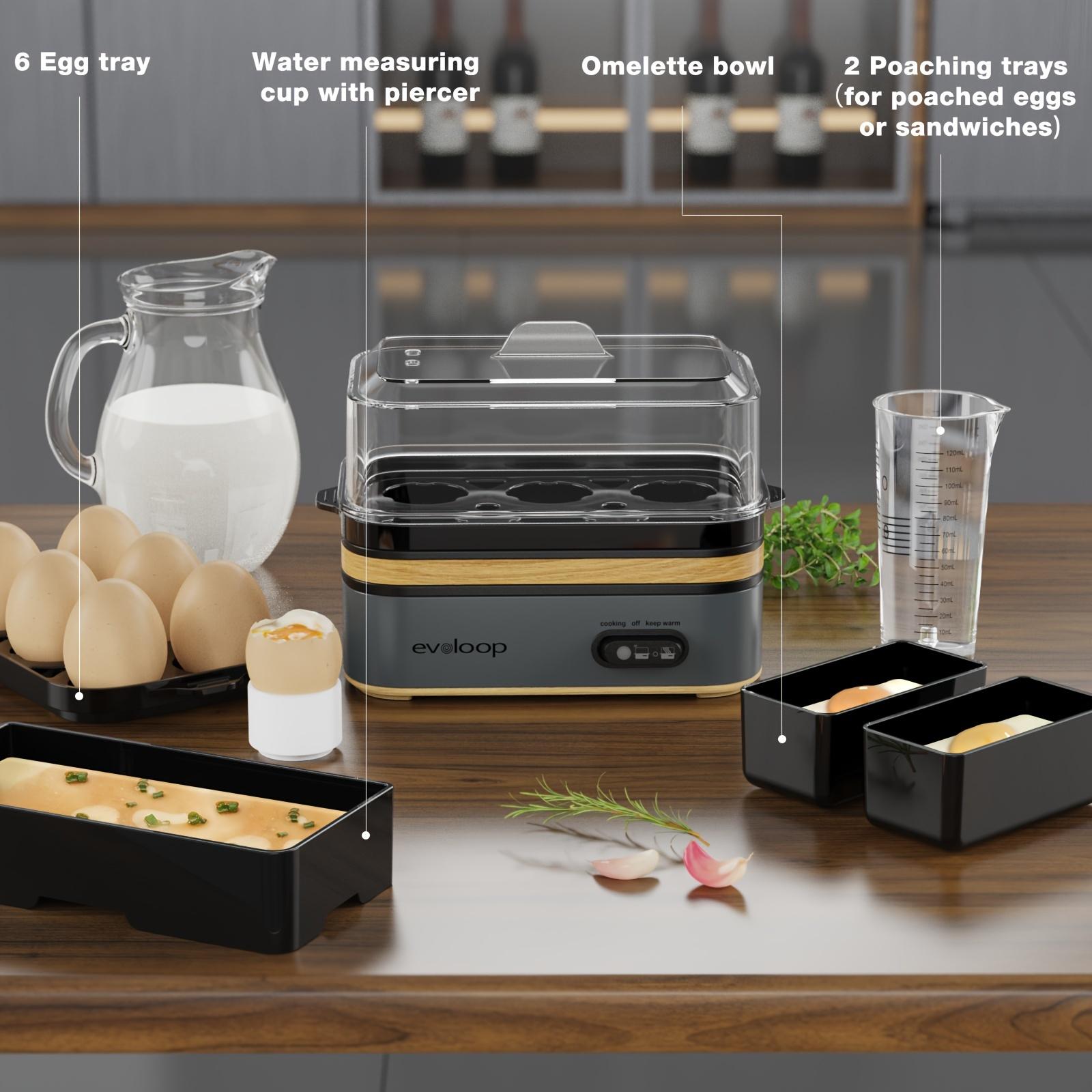 EVOLOOP Rapid Egg Steamer - 6-Egg Capacity, BPA-Free Stainless Steel with Clear Tritan Lid, 400W Electric Egg Cooker for Hard Boiled, Poached, Scrambled, or Omelette, Includes Measurement Cup & 2 Poaching Trays, Auto Shut Off EVOLOOP Rapid Egg Steamer - 6-Egg Capacity, BPA-Free Stainless Steel with Clear Tritan Lid, 400W Electric Egg Cooker for Hard Boiled, Poached, Scrambled, or Omelette, Includes Measurement Cup & 2 Poaching Trays, Auto Shut Off
