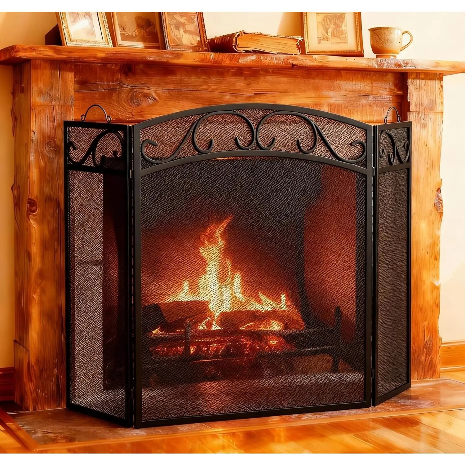Fireplace Screen 3 Panel with Handles Wrought Iron 51"(L) x31(H) Spark Guard Cover(Black)