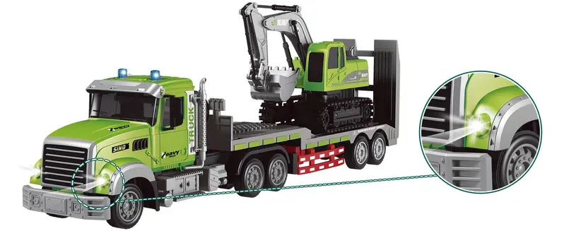 Egofuntoy 1:12 RC Semi Truck & Excavator Backhoe Car Toy Set - ABS Plastic, 2.4GHz 11-Channel Remote Control Vehicle, Removable Rechargeable Flatbed Trailer with Lights & Sound, Auto-Demo Mode, Cool Christmas Gifts for 8-10Y Boys, Kid Stuff for Boys