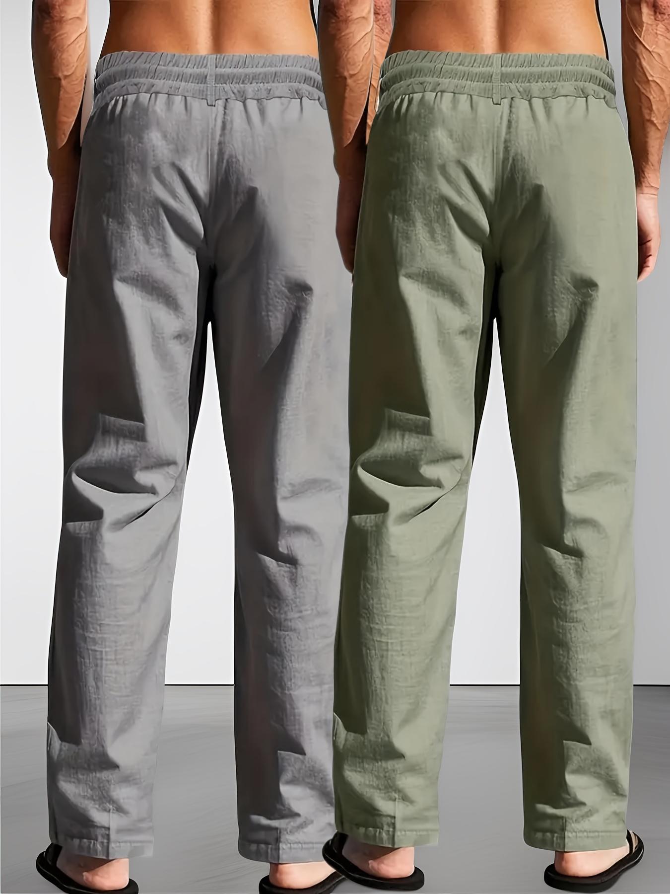 2 pieces men's plain-colored linen casual straight-leg pants, Casual Comfy Fashion, for spring, summer and autumn, with drawstring and faux buttons design, lightweight breathable, suitable for daily commuting, outdoor travel, fitness