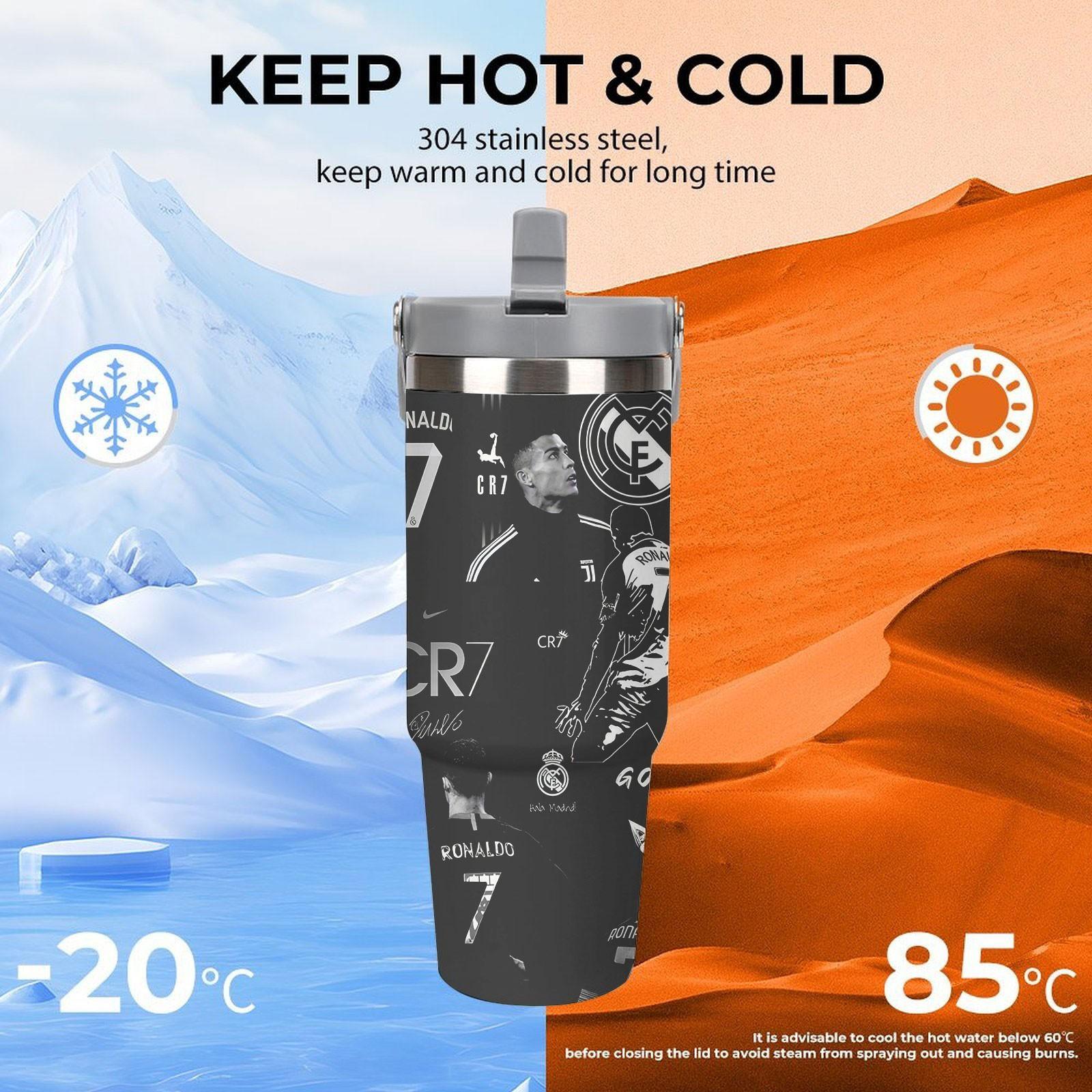 1pc 30oz Stainless Steel Insulated Water Bottle with Straw, Stainless Steel Tumbler, Cristiano Ronaldo theme, Heat Preservation Travel Mug for Car, Essential Drinkware for Drive & Outdoor Activities, Perfect Holiday Gift,Suitble For Outdoor Camping