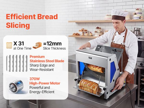 VEVOR Electric Bread Slicer, 370W Bread Slicing Machine, Die-Cast Aluminum Countertop Bread Cutter Machine for 12mm Slice Thickness, Commercial Home Use for Bakeries Restaurants, 120V