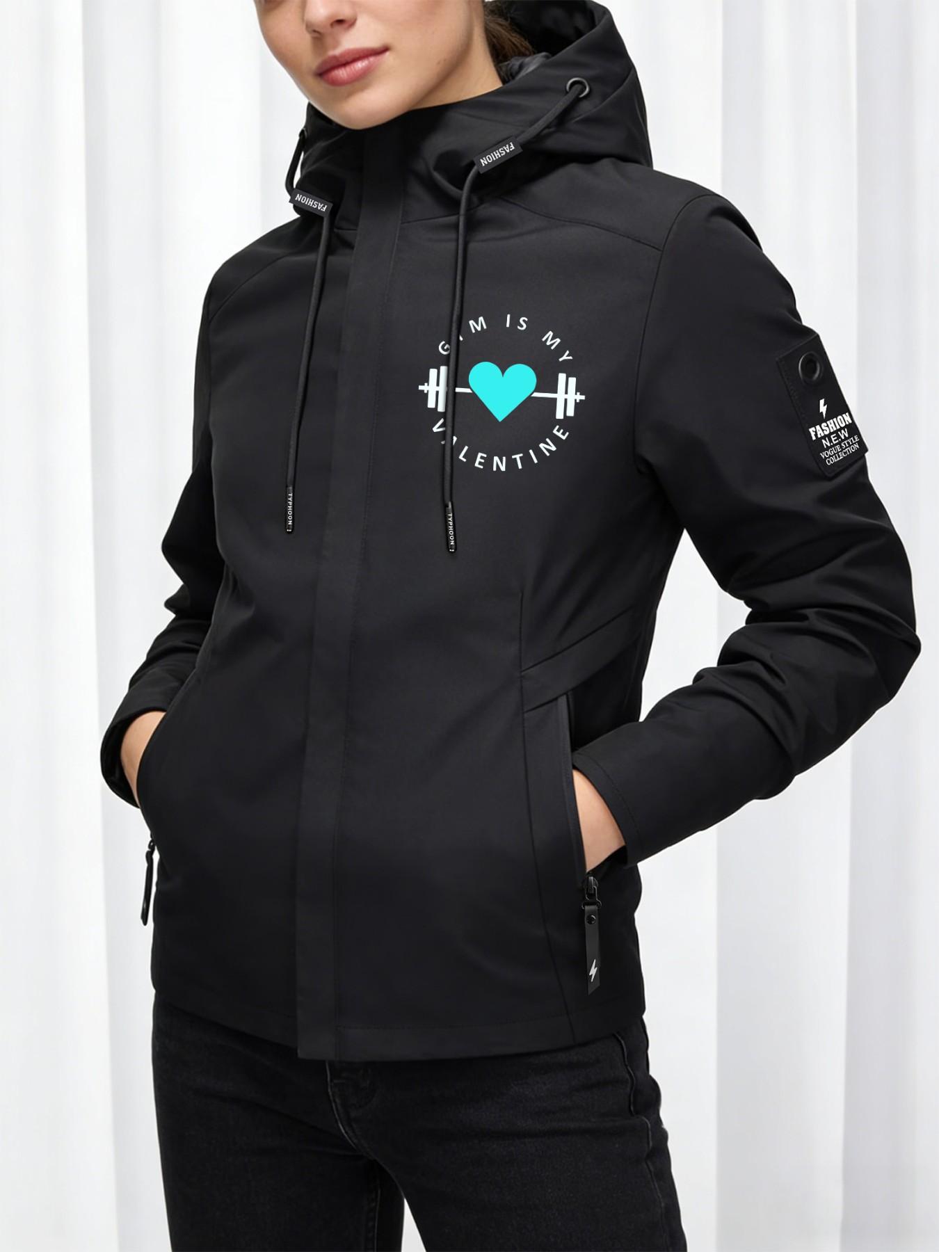 Women's Hooded Windbreaker Jacket Single Sided Gym Heart Letter Print Jacket Multiple Color Options Hooded Loose Fall Winter Warm Jacket For Daily Commute Outdoor Hiking Clothing Skin Friendly Breathable Machine Washable Plus Size