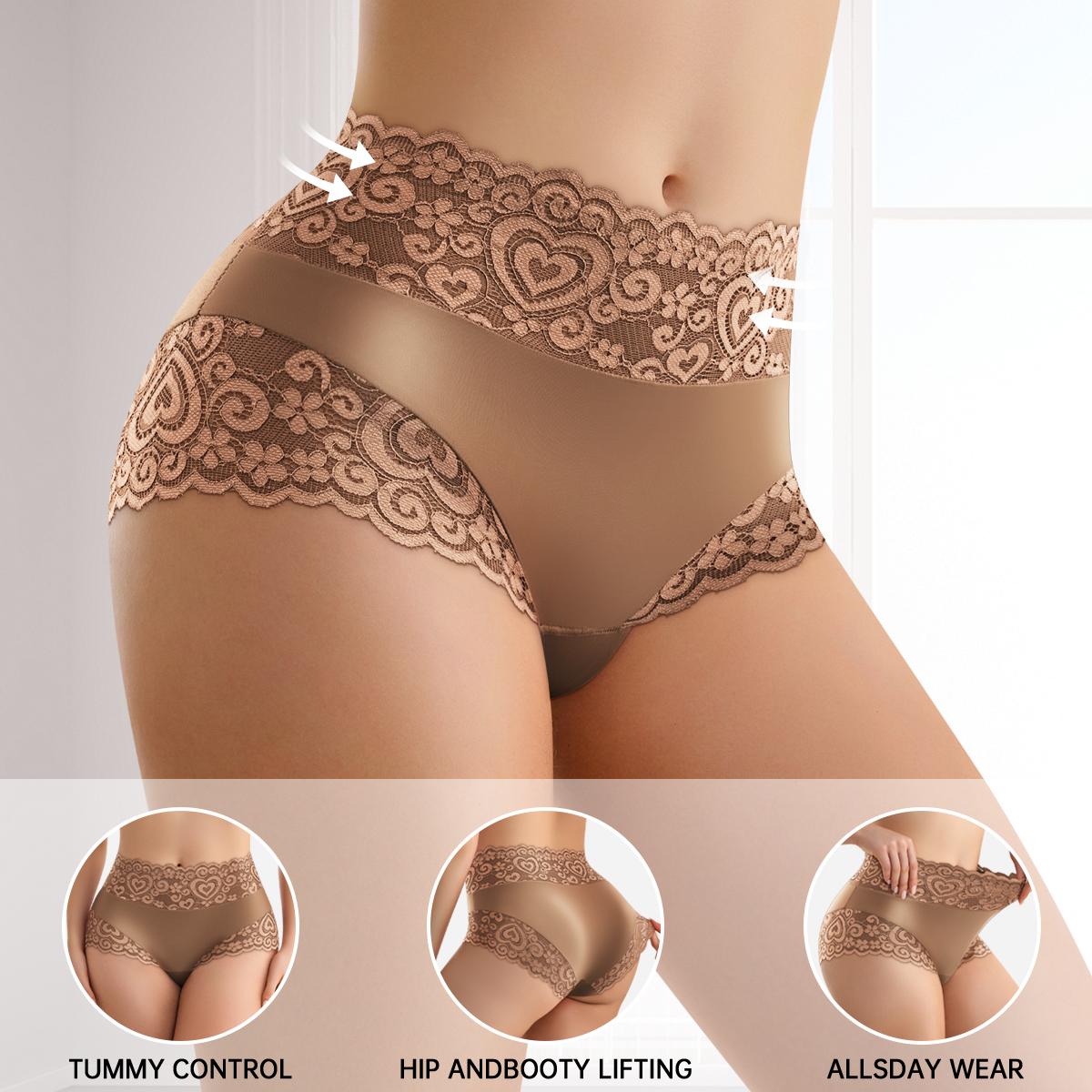 QUASTI 5PCS Mid Waisted Lace Women's Panties, Multi Colored Smooth Soft Fashion Sweet Lace Exquisite Underwear, Cool Elasticity No Show Full Coverage Briefs, Daily Wear S-XXL