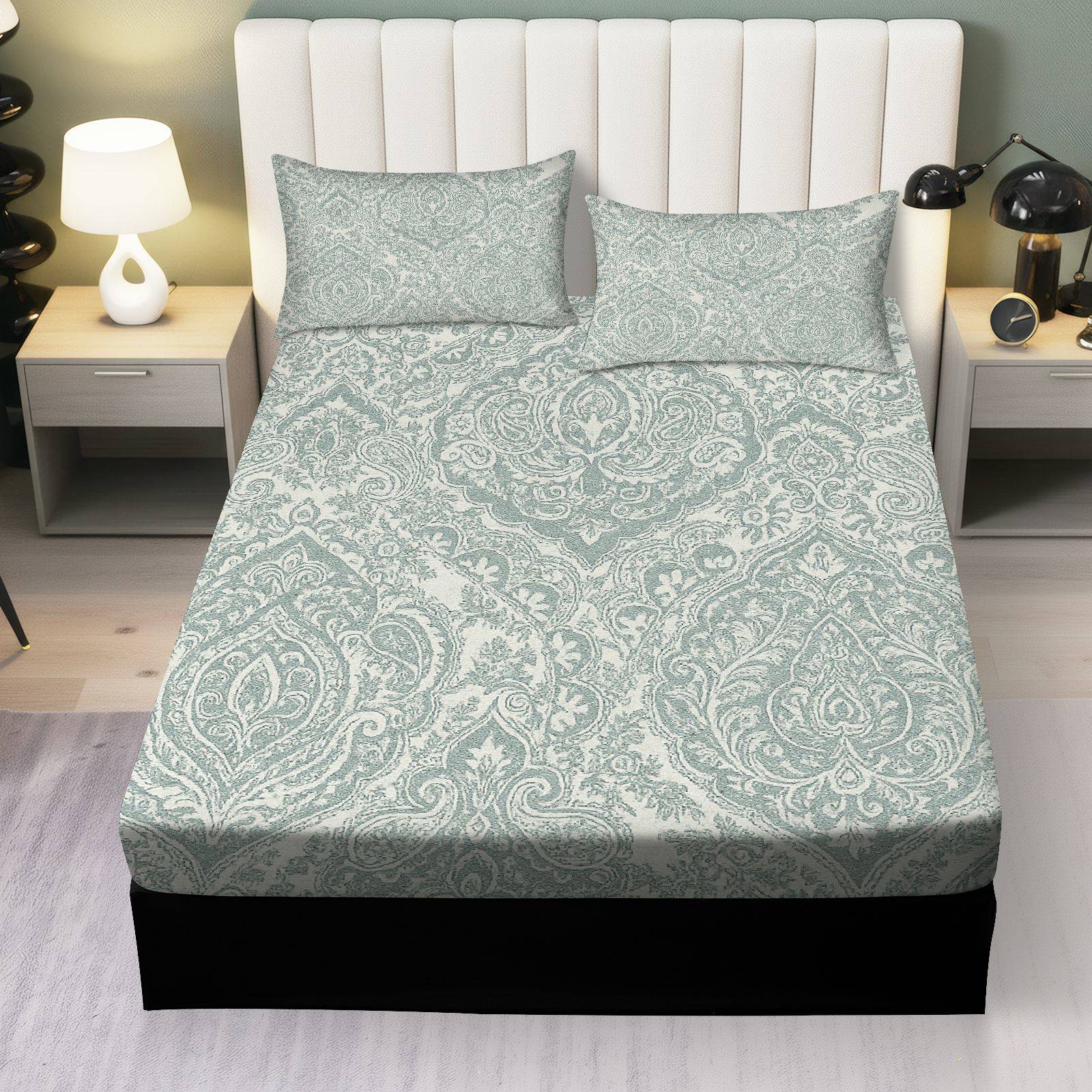 3Pcs Damask Pattern Elegant Luxury Fitted Sheet Three Piece Set (1*Fitted Sheet+2*Pillowcases, Coreless), Home Decor theme, Decorative Bedding Set, Mattress protector Soft, Breathable, Decorative Bedsheet Sets, Breathable Sheets