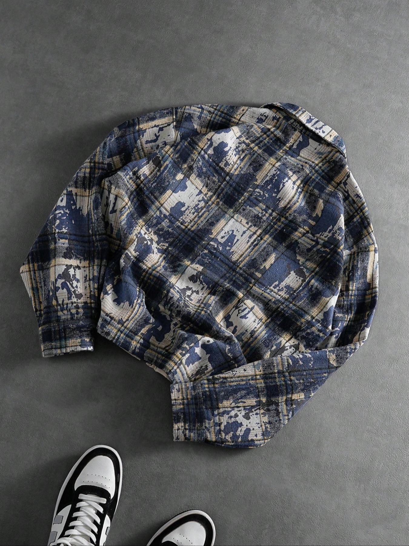 Men's New Trendy Fashion Street Campus Plaid Shirt, Casual Stylish Button-Down Top, Perfect for Daily Wear and School