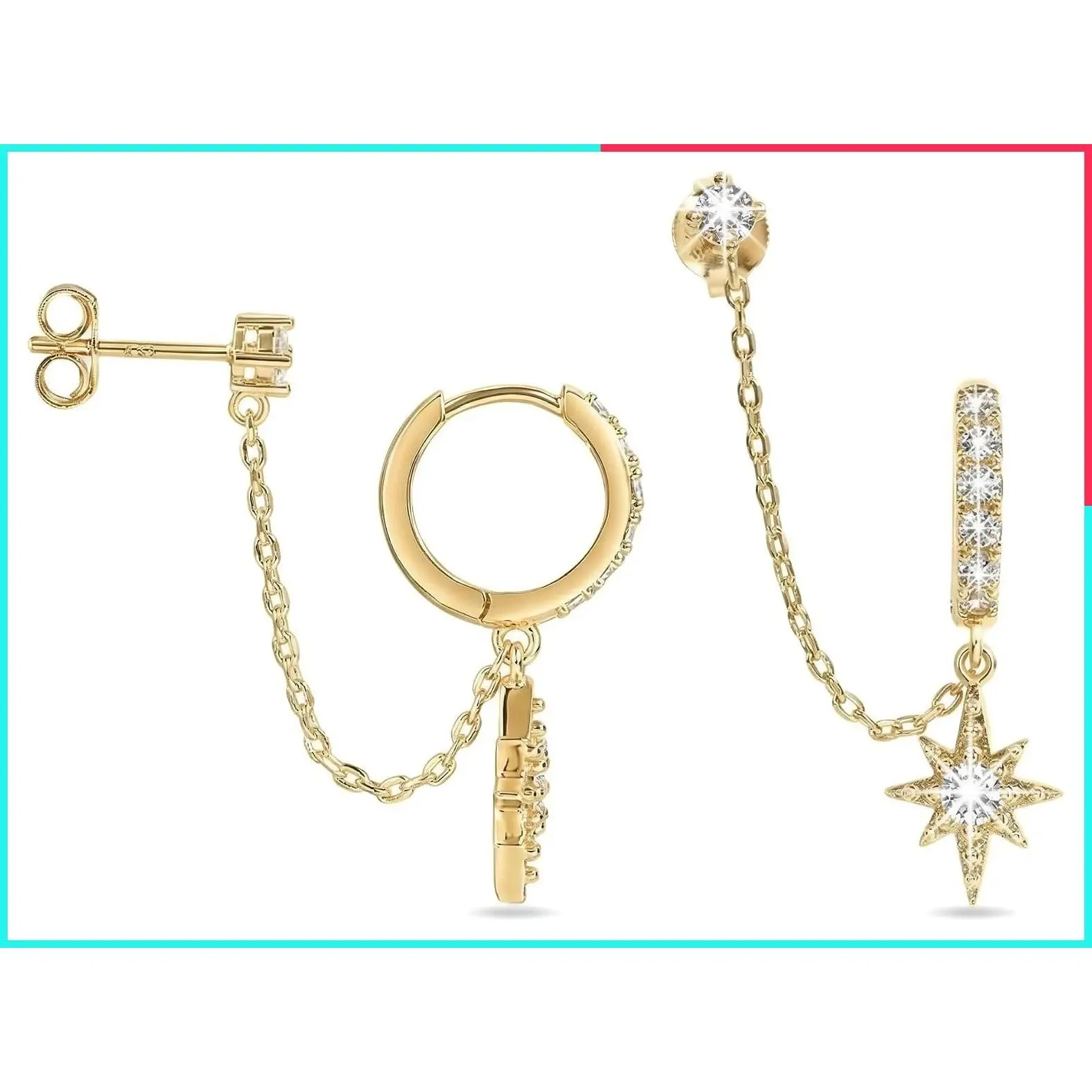 14K Gold Double Piercing Chain Dangle Hoop Earrings with Cuff & Stud Connected Two-Hole Jewelry Set for Women, Stackable for First and Second Lobe Cartilage Piercing