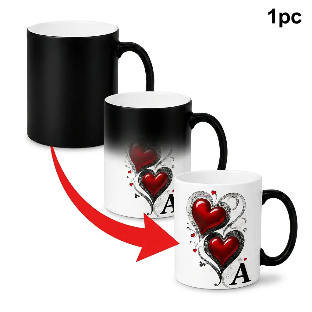 Initial Letter Color Changing Mug 11oz, Heart Print Heat Reveal Ceramic Coffee Cup Initial Letter Color Changing Mug 11oz, Heart Print Heat Reveal Ceramic Coffee Cup