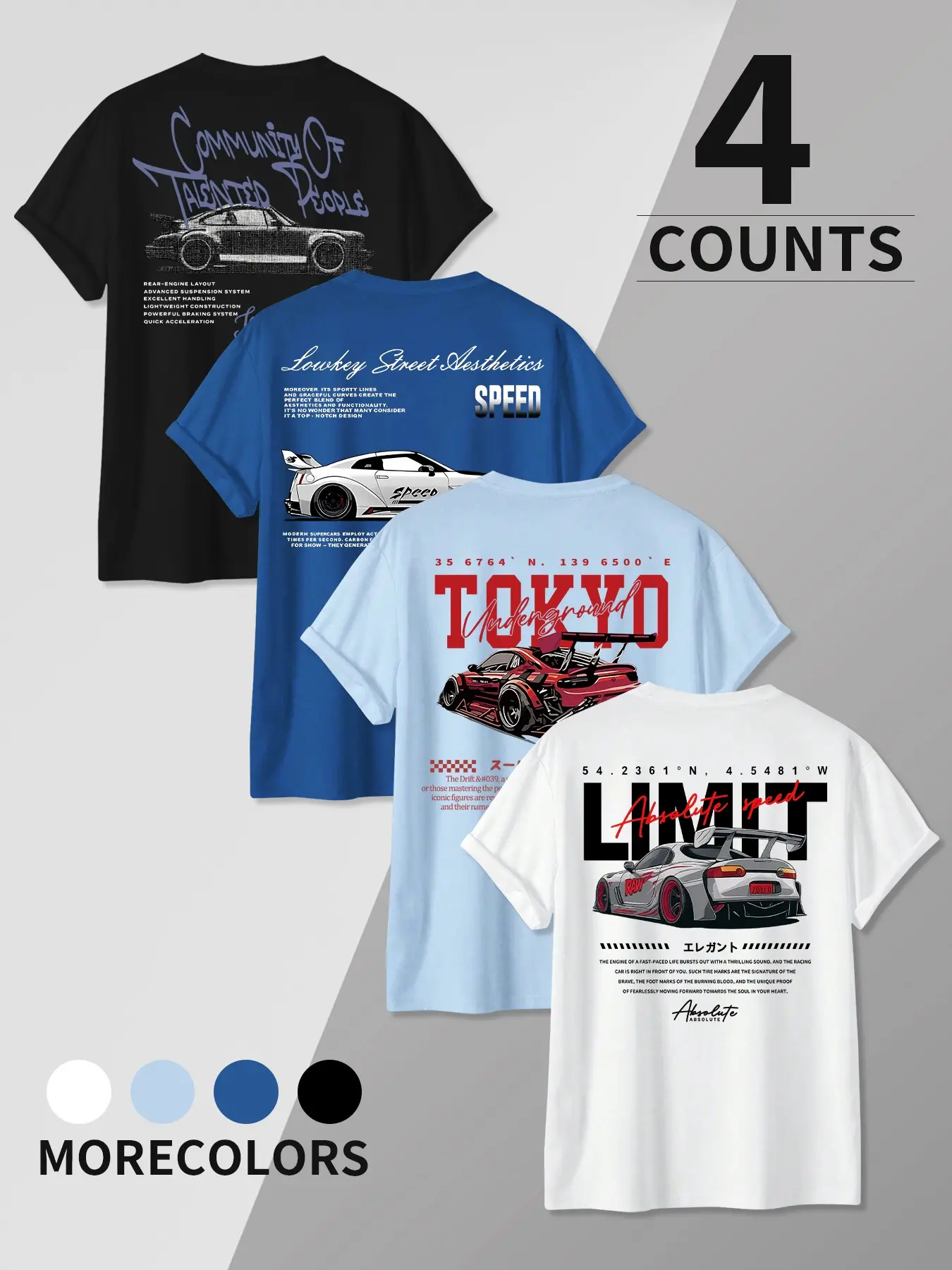 4-piece American street racing style car print short-sleeved T-shirt. Latitudinal coordinate Japanese elements. Loose and trendy daily wear casual short-sleeved shirt.