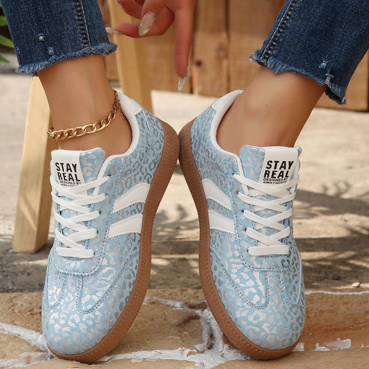 Vintage Leopard Print Sneakers, Pink/Blue, Comfortable Shoes for Commute & Shopping