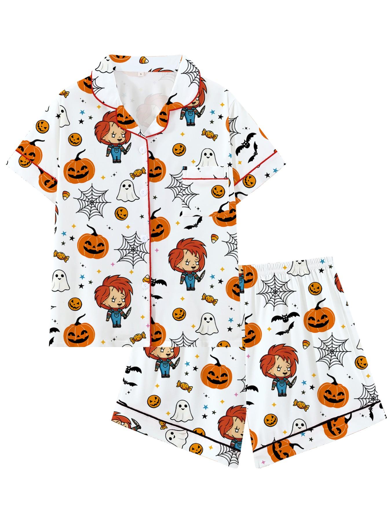 Creepy Cute Skeleton Halloween Pattern Short Sleeve Pajama Set, Spooky Stitched Face Graphic Sleepwear with Black Piping, Goth Style Summer Loungewear Set, Fun 2-Piece PJs