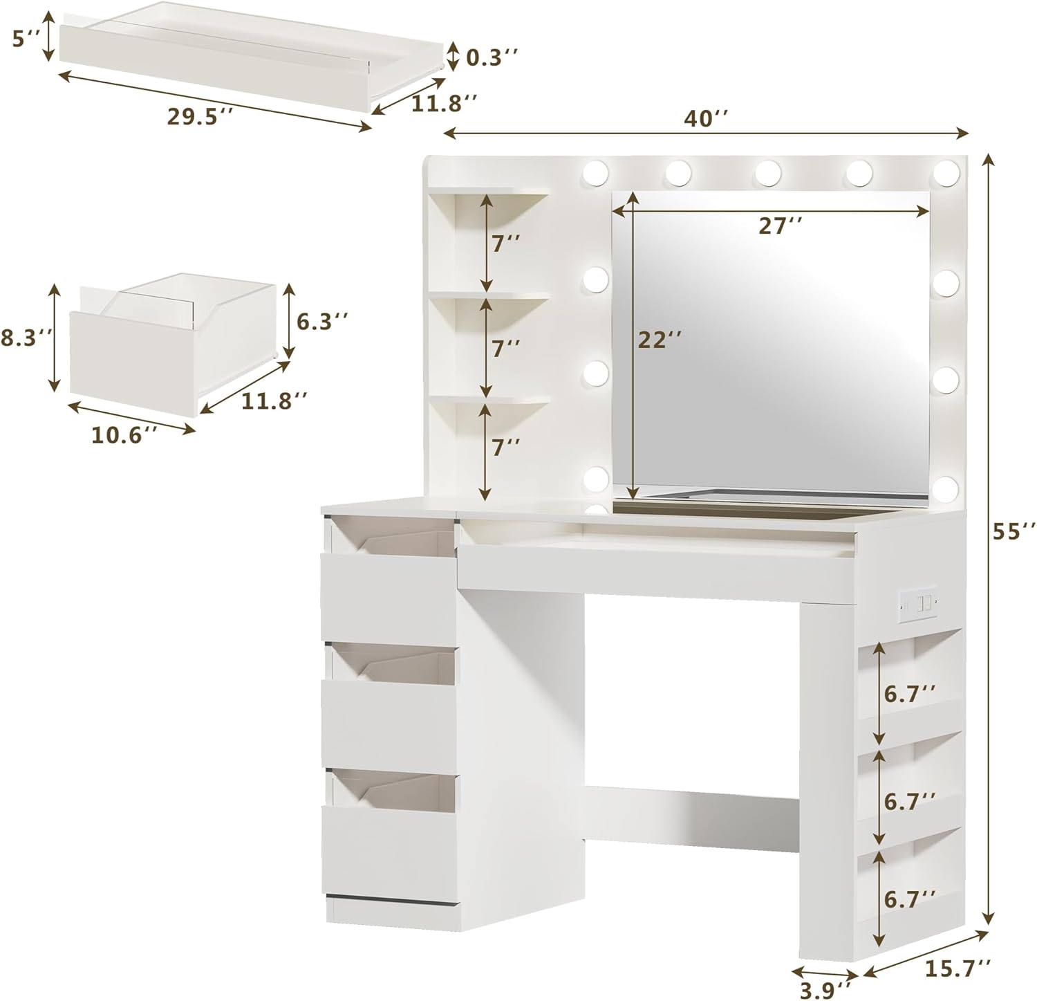 Vanity Desk with Lighted Mirror & Glass Top, Makeup Vanity Desk with 4 Transparent Drawers and RGB Lighting, Built-in Power Outlet, 3-Tier Side Shelves & Storage Organizer for Bedroom