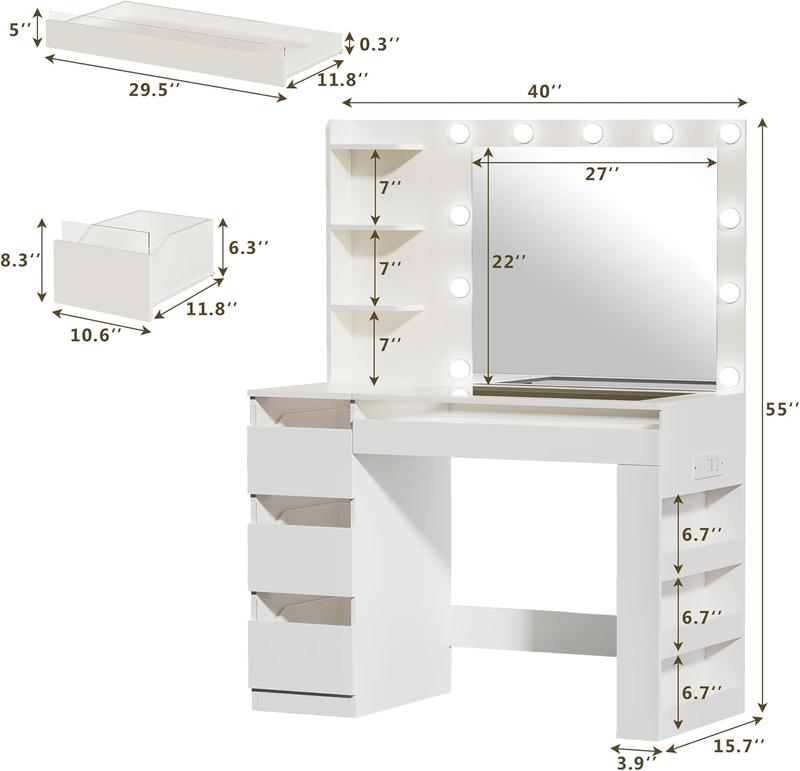 Vanity Desk with Lighted Mirror & Glass Top, Makeup Vanity Desk with 4 Transparent Drawers and RGB Lighting, Built-in Power Outlet, 3-Tier Side Shelves & Storage Organizer for Bedroom