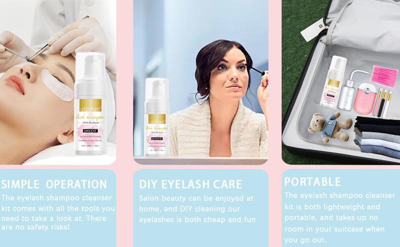 【Valentinesdaygift】3.38oz Lash Shampoo Kit for Eyelash Extensions & Gentle Mousse Cleanser & Mini Pink Handheld Fan - Easy for Beginners & Makeup Care