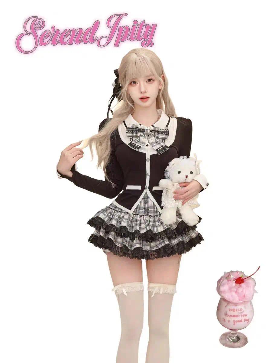Korean 2 Piece Sets Women Casual Bow Y2k Crop Top Blouse + Mini Skirts 2000s Vintage Suits Chic Japanese Kawaii Clothing Autumn, Cute, Bow Detail