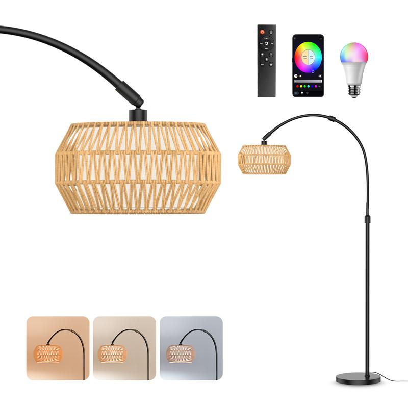 GLITGATE Boho Fishing Floor Lamp with Remote Control, Dimmable Arc Floor Lamp with 3 CCT and RGB,Farmhouse vintage Floor Lamps with Rattan Shades, Vintage floor lamp, Dimmable floor lamp for Bedroom, Office, living room,bedroom