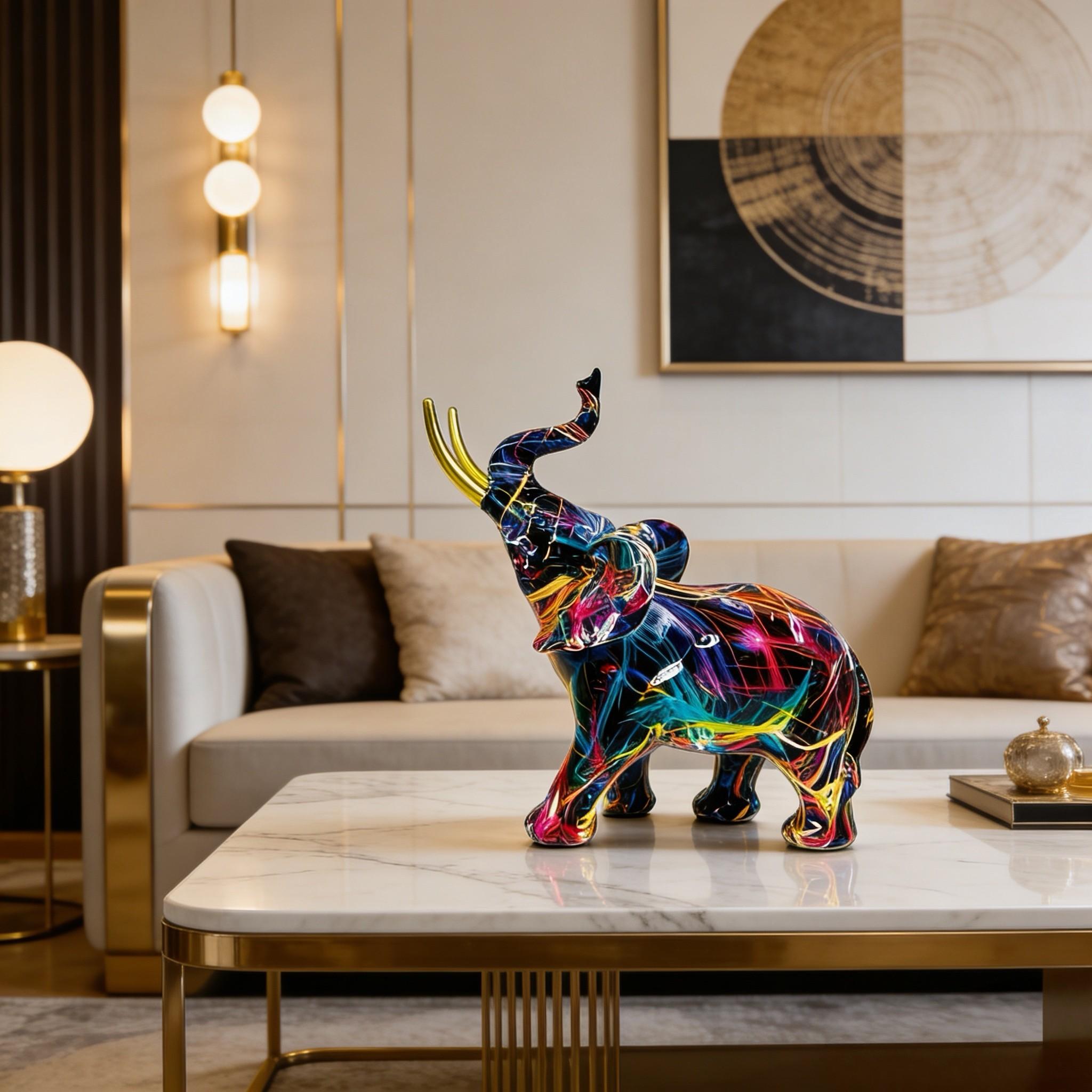 Colorful Resin Elephant Statue, Artistic Elephant Sculpture, Feng Shui Decor, Kitchen Office Shelf Home Decoration