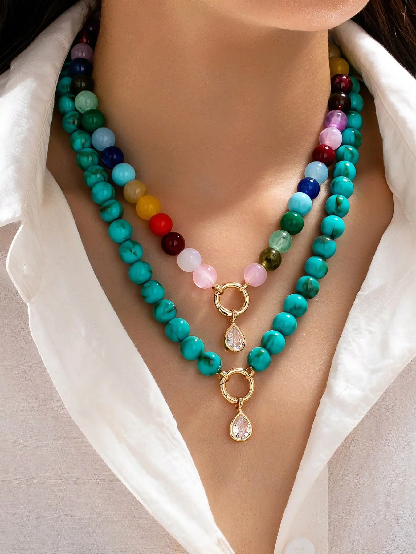 2Pcs Rainbow Turquoise Mixed Stone Beaded Necklace for Women, Boho Multicolor Gemstone Teardrop Crystal Pendant Layerable Statement Choker