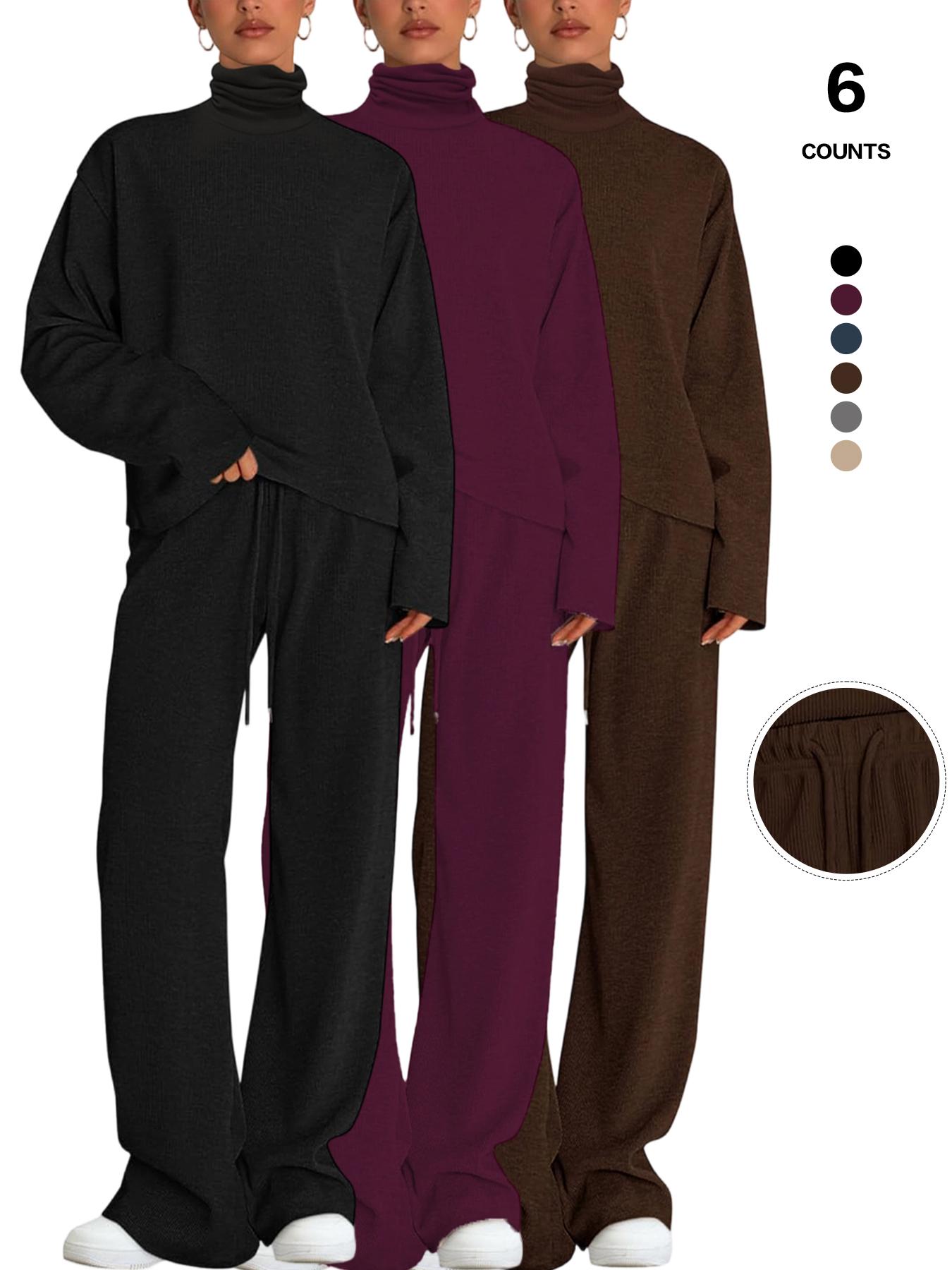 Women's 2 Piece Set Outfits Lounge Sets Ruched Short Sleeve Tops High Waisted Wide Leg Pants Tracksuit Sets, Elegant and casual high-round-neck long-sleeved basic two-piece set Casual Loungewear Set