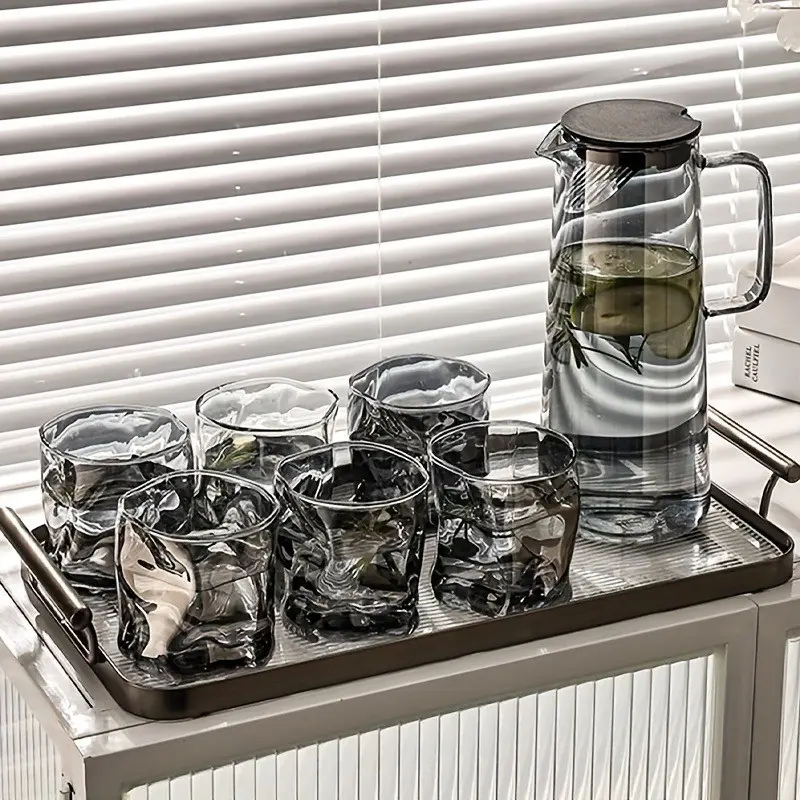 Creative Retro Glass Water Pitcher Set, 1 Pitcher and 6 Glasses, Tumblers, High Borosilicate Glass, Beverage Cup Set, Home Decor, Gift Idea
