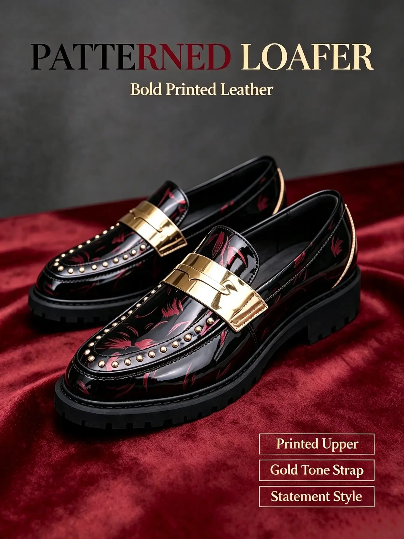 Men Fashion Black Red Floral Patent Leather Penny Loafers, Luxury Gold Metal Buckle & Rivet Decor Slip On Dress Shoes, Non Slip Thick Sole Business Casual Footwear For Party Wedding Daily Wear Formal Loafer Shoes Shop Now