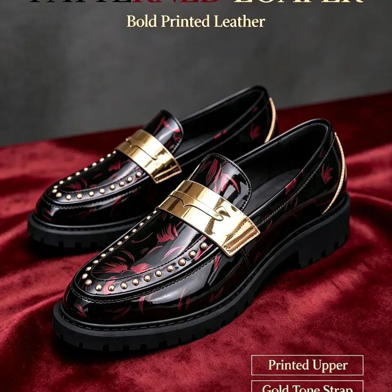 Men Fashion Black Red Floral Patent Leather Penny Loafers, Luxury Gold Metal Buckle & Rivet Decor Slip On Dress Shoes, Non Slip Thick Sole Business Casual For Party Wedding Daily Wear Shop Now Footwear Slipon