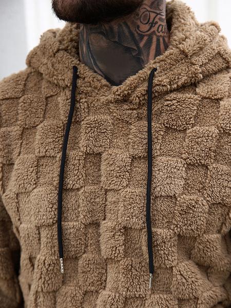 Men's Casual Two-Piece Set, Long Sleeve Hooded Sweatshirt & Shorts, Fashionable Plaid Texture Fabric, All Seasons Wear