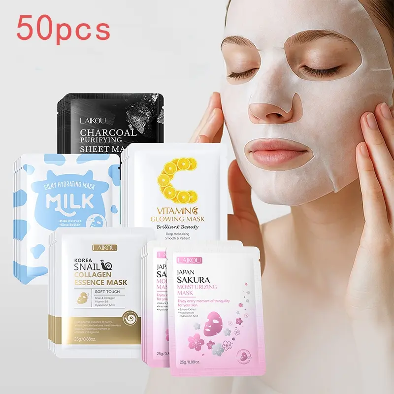 1. LAIKOU 5 Types Mixed Facial Sheet Mask Set, Sakura, Snail Collagen, Milk, Vitamin C & Charcoal Masks, Multi-Effect Hydrating, Purifying, Brightening Skincare Treatment for All Skin