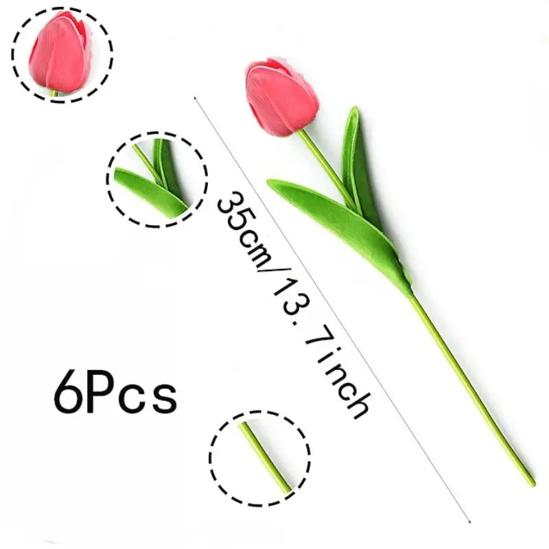 6pcs Deep Artificial Tulips, 13.2 Inch Bendable Metal Stem Fake Tulips, Home Wedding Party Decor, Table Vase Decoration