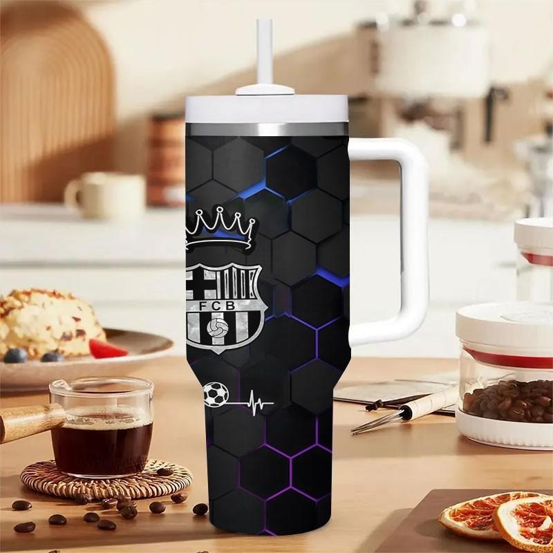 1pc Barcelona Logo Honeycomb Stainless Steel Car Cup, Non-Slip Handle, Large Capacity Water Bottle, Football Theme, 40oz Insulated Cup with Straw