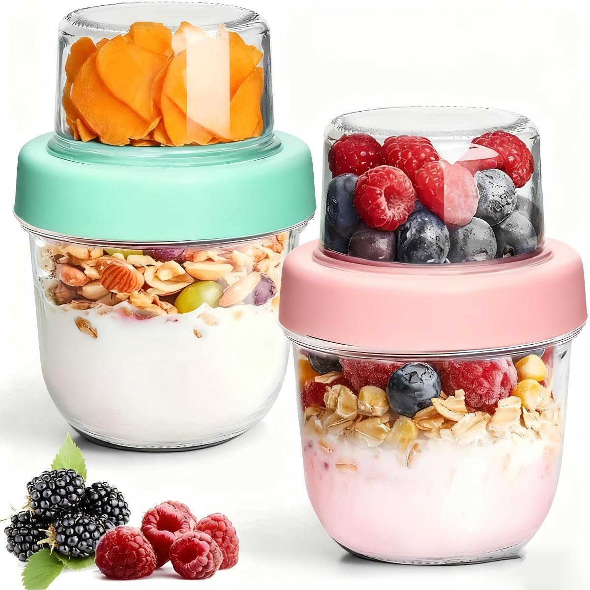 4PCS Double Layer Overnight Oat Containers with Lids, Dry and Wet Separated Yogurt Parfait Cups, Chia Pudding Glass Jars for Oats, Granola, Nuts, Fruit and Salad, Portable Meal Prep Breakfast Cups, Random Colors