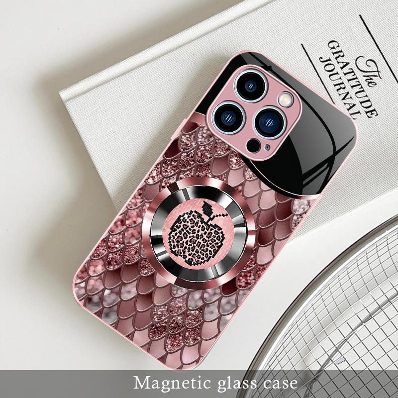 Trending “Affordable Luxury” Pink Glitter Mermaid Scale & Leopard Print MagSafe Glass Case for iPhone 14 Pro Max — 9435