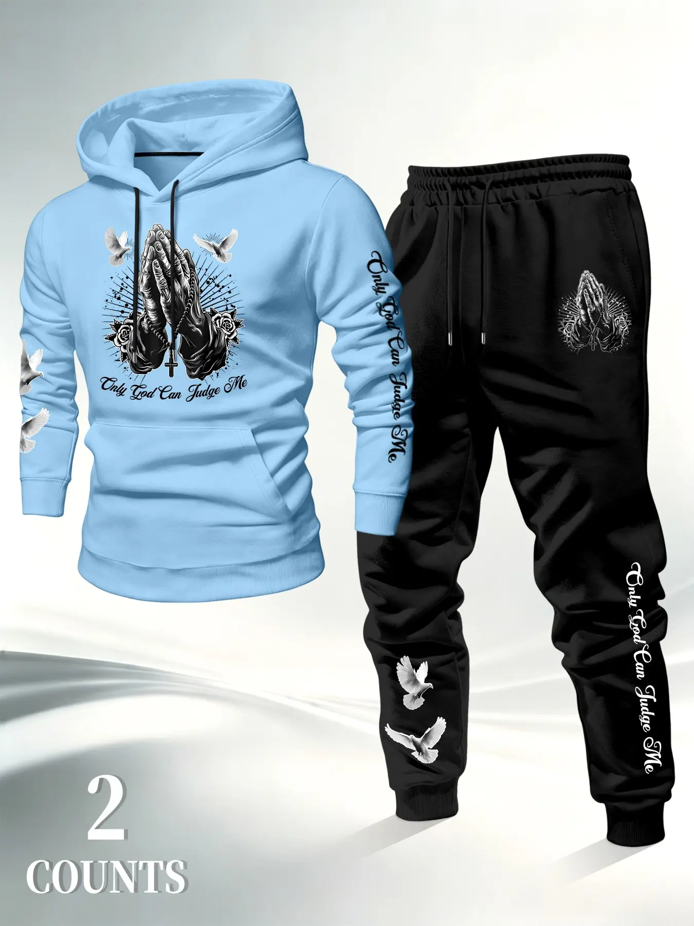 Retro Prayer Hand and Dove Print 2-Piece Set, Hooded Sweatshirt and Jogger Pants, Winter Sporty Casual Fashion for Men