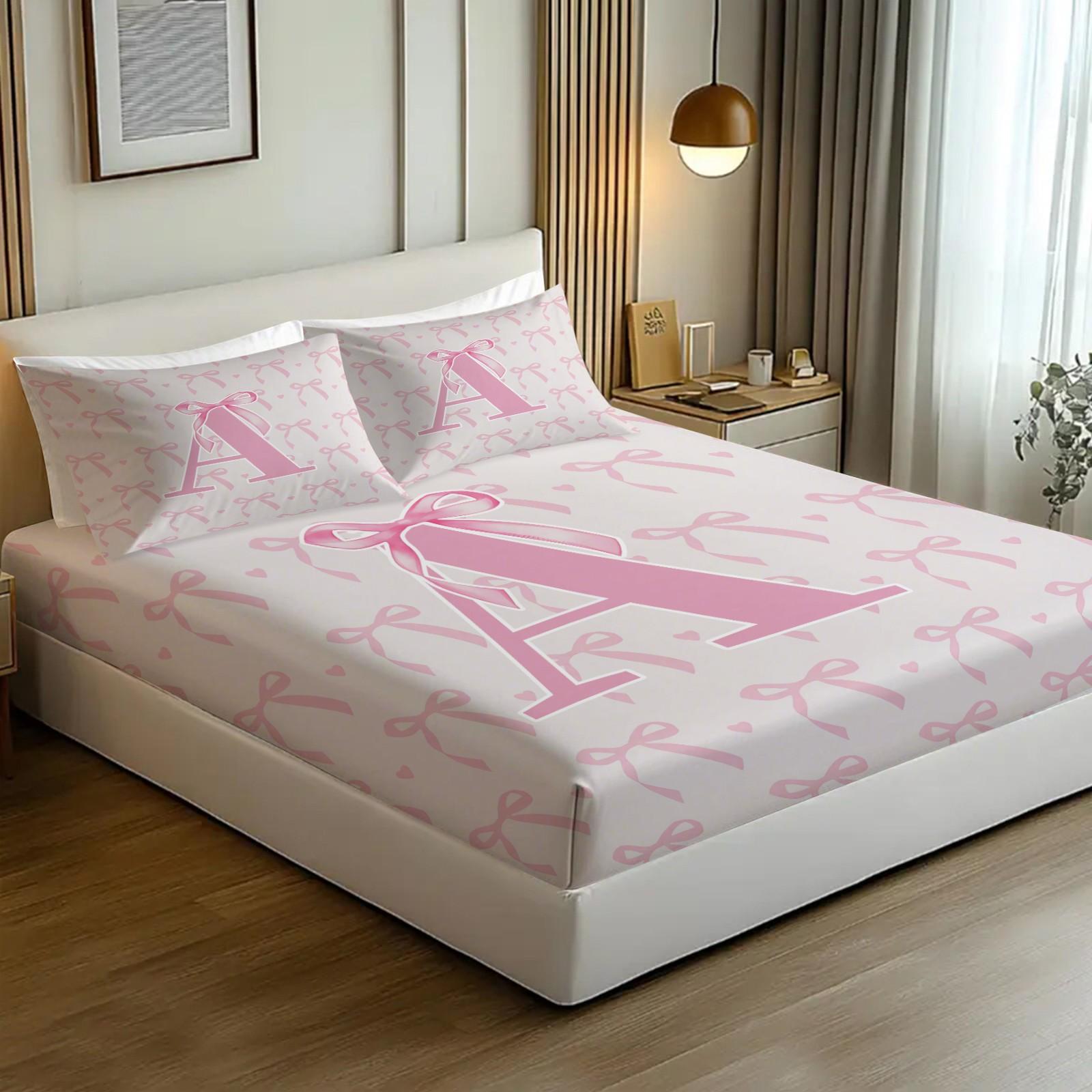 3Pcs Pink Bow Fitted Sheet Set, Custom Initial Sweet Print, Breathable Non-slip Fit, Ideal for Bedroom Dorm Home Decor