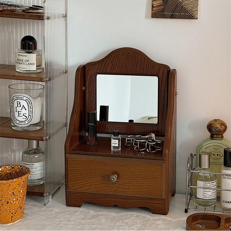 Rotatable Makeup Mirror Desktop Organizer Box, French Vintage Wooden Vanity Storage, Bedroom Desk Accessory, Unframed Edge Grinding Design