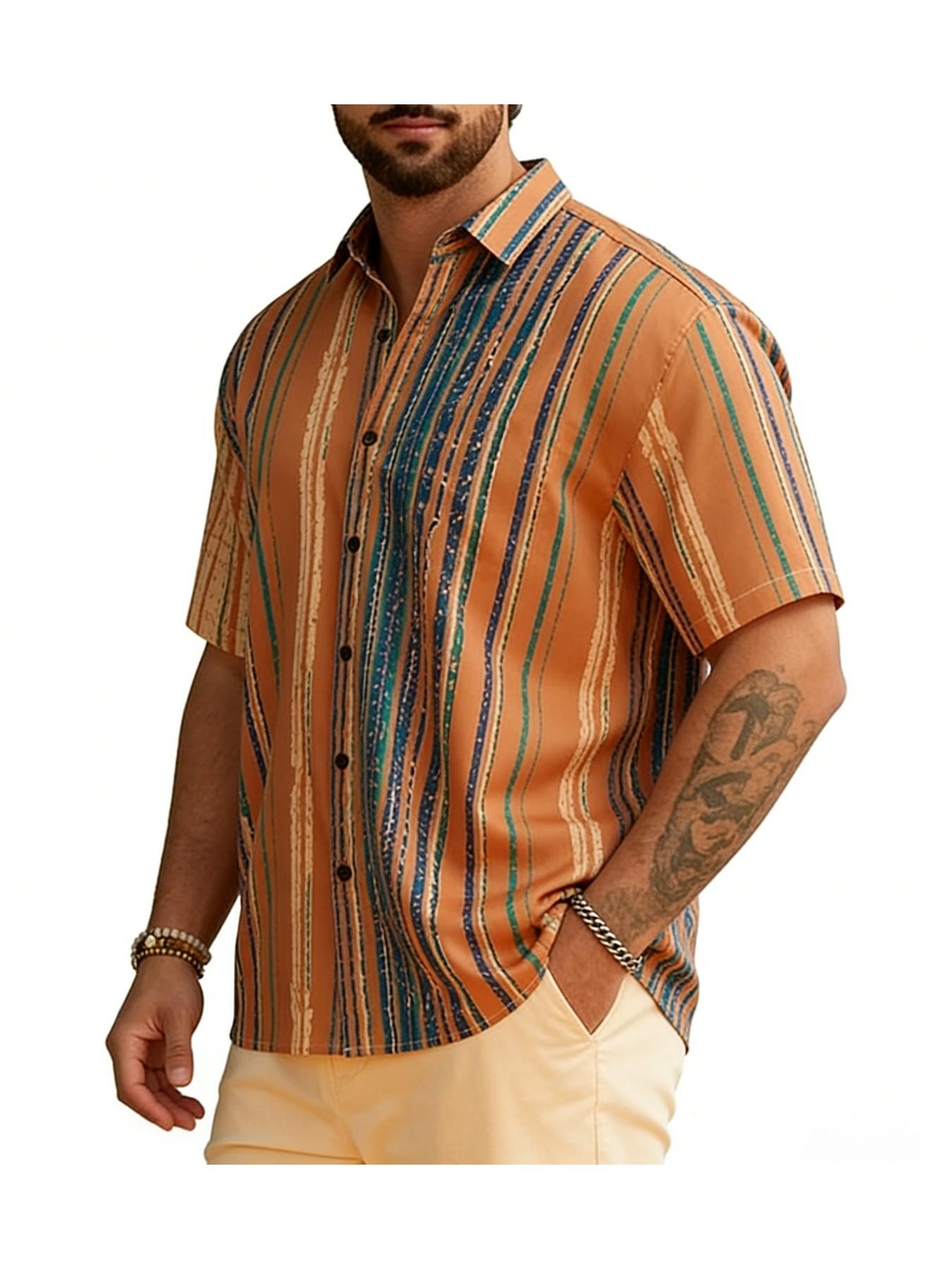 Men's Vintage Striped Collared Shirt, Breathable Short Sleeve Casual Top, Beach Vacation Street Summer Open Front Jacket