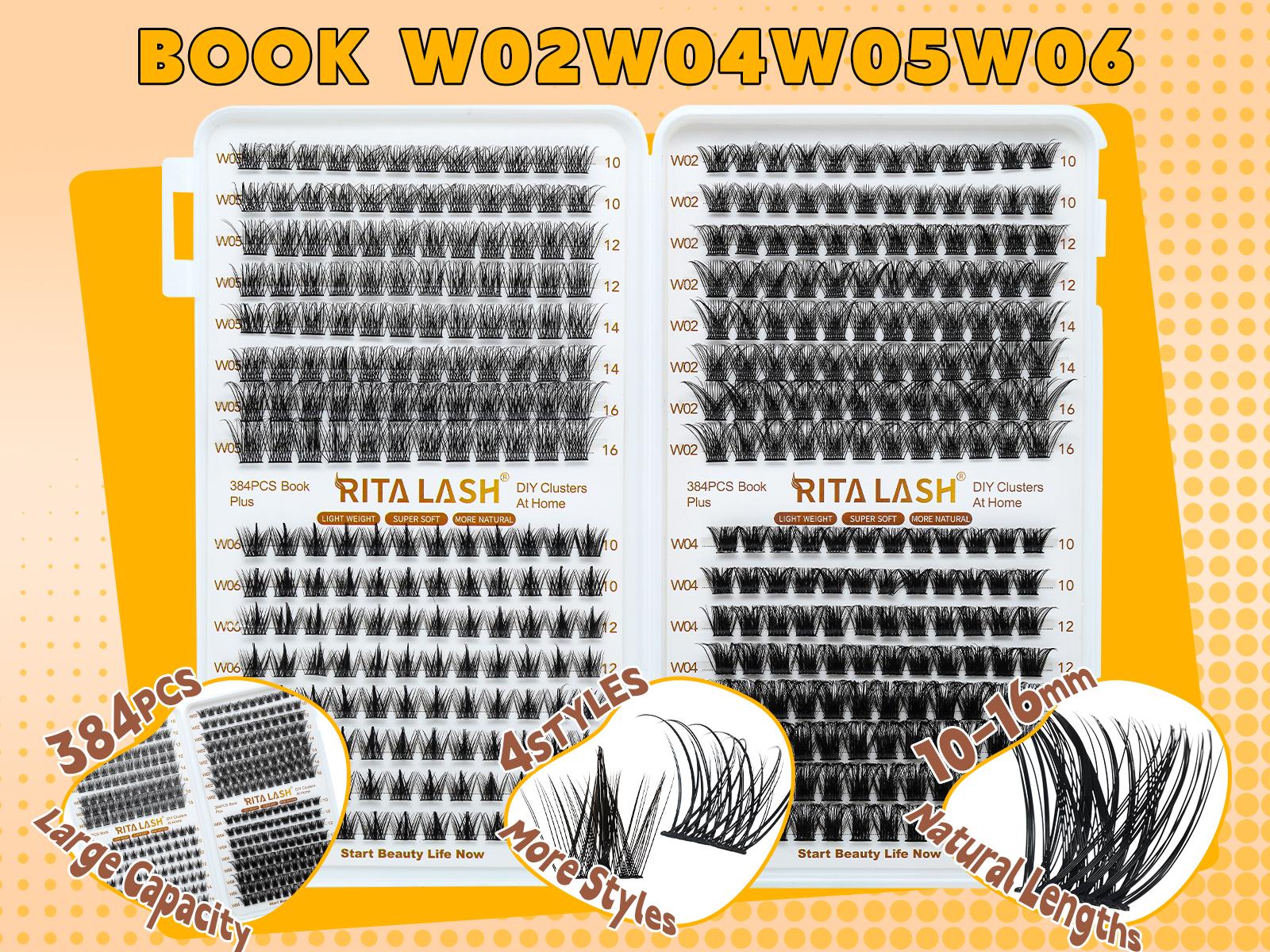 RITALASH 384PCS 4 style Cluster Lashes book Individual Lashes Clusters Eyelash Extensions False Eyelashes DIY False Lash Extension Kit Reusable False Eyelashes Natural Look Mix 10-16mm Makeup