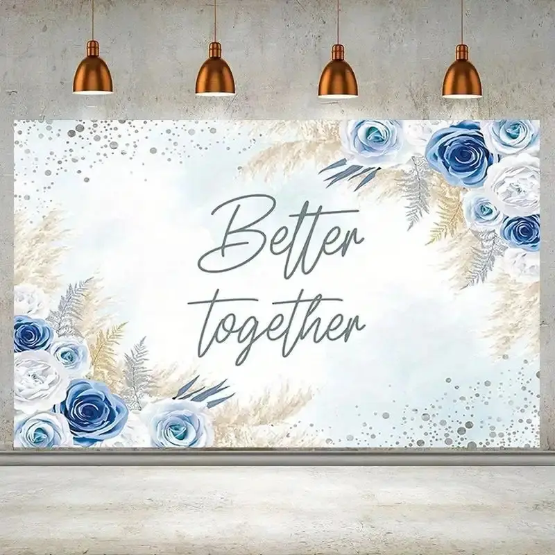 Boho Wedding Backdrop - Blue White Floral & Pampas Grass Design with Better Together Text Lightweight Fabric for Bridal Showers Youngsters Showers Photo Booth Decor Party Supplies Party Even Banners Flower Ornaments