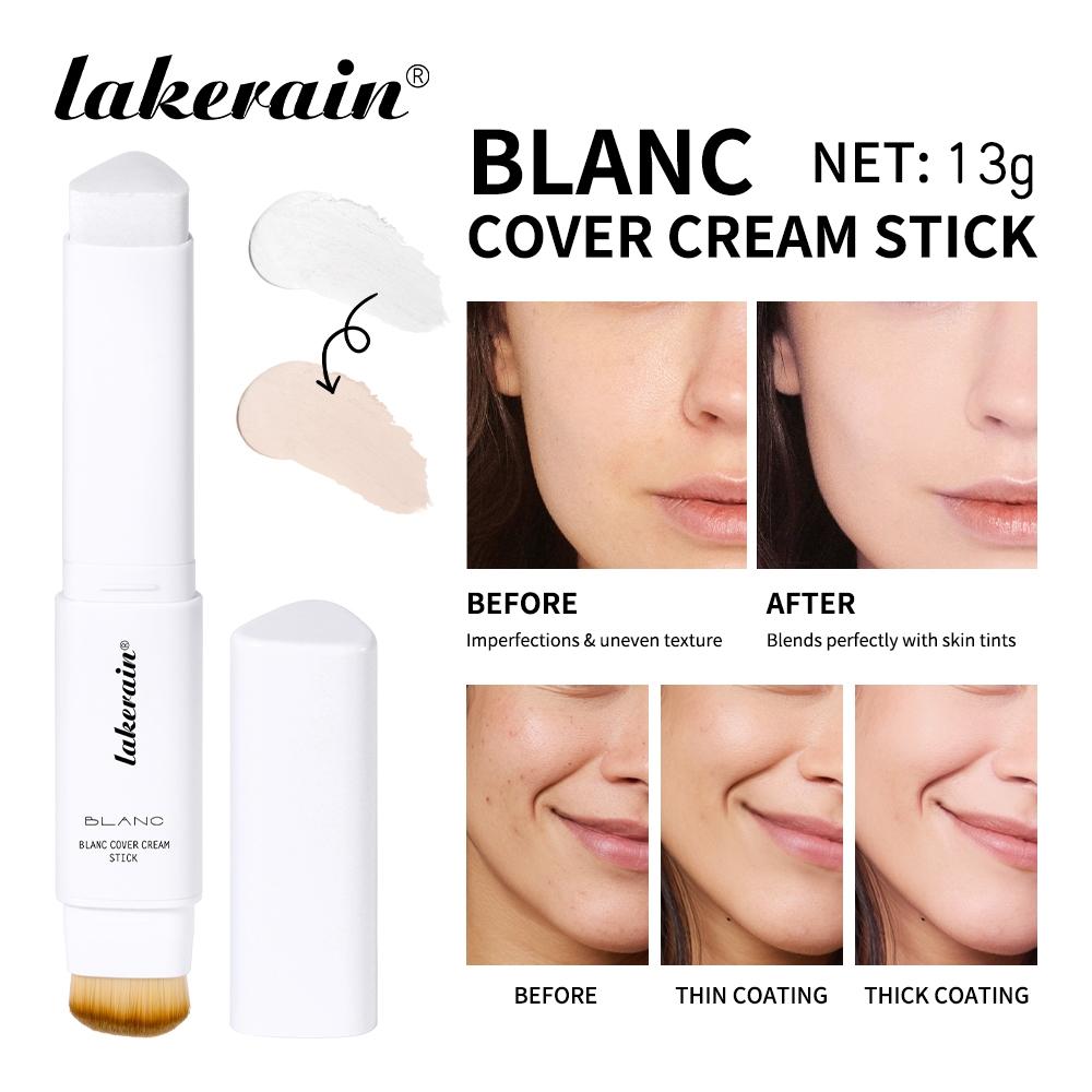 Lakerain Blanc Color-Changing Tinted Foundation Stick, Dual-Ended Base Makeup Stick with Brush, Waterproof & Sweatproof, Buildable Coverage (Medium to Full), 5 Shades for All Skin Tones