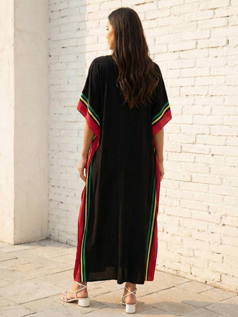 EDOLYNSA Striped kaftan dress cozy house robe muumuu outfits Moo Moo Dress vacation relaxed beach wear leisure wear versatile cover up daily wear Homewear Boho Casual Dress Q1615