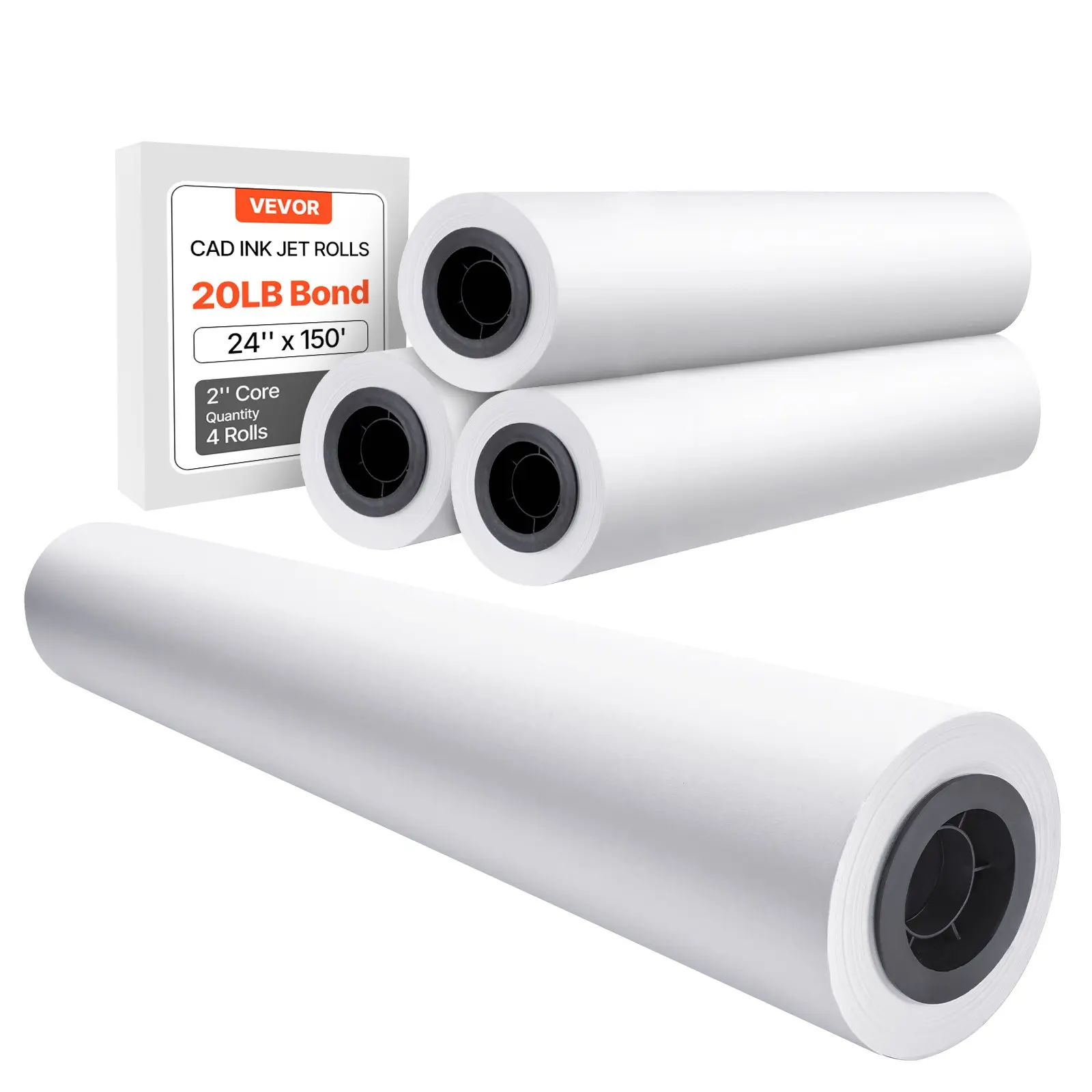 VEVOR Wide Format Plotter Paper (jsfl21080024p610) - 24x150ft Roll, 20 LB Pure Wood Pulp CAD Bond, 2 in Core, High Opacity, 4-Pack for Plotter Printers, CAD Drawings