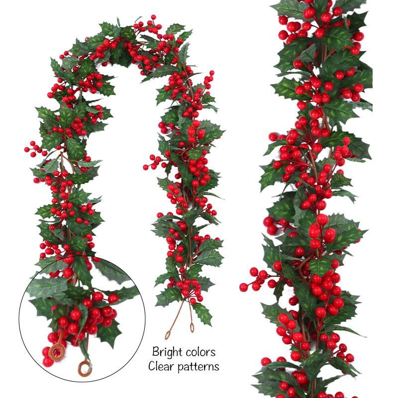 Artificial Christmas Wreath with Ivy & Holly Berries, Red Berry & Foliage Wreath for Fireplace, Staircase & Shelf, Indoor & Outdoor Decor for Christmas, New Year & Wedding, Battery-Free, Easy to Hang & Washable