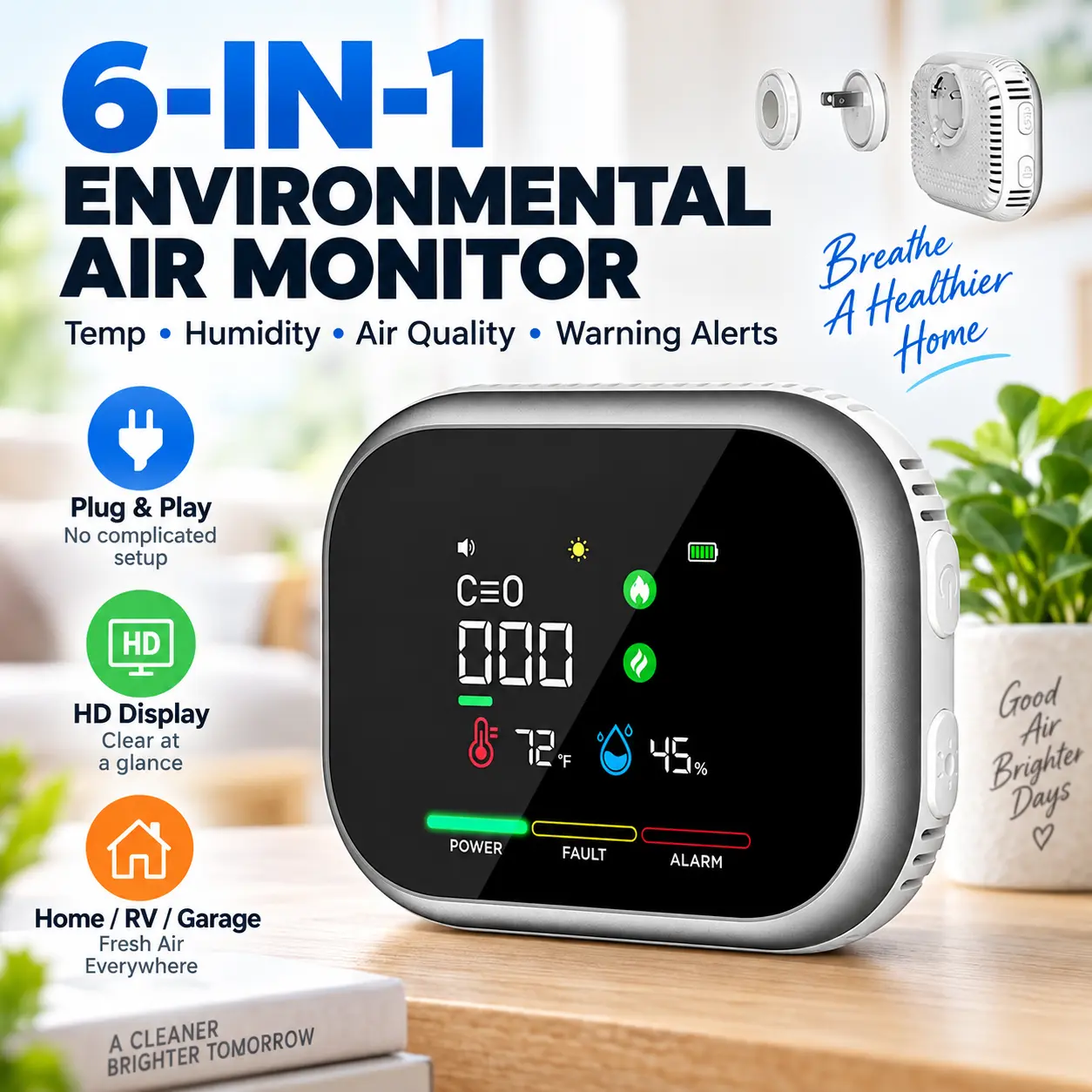 6-in-1 Indoor Environmental Monitor with Temperature, Humidity and Air Quality Detection, HD Digital Display, Warning Alerts and Compact Plug-and-Play Design for Home, Kitchen, RV, Garage and Apartment
