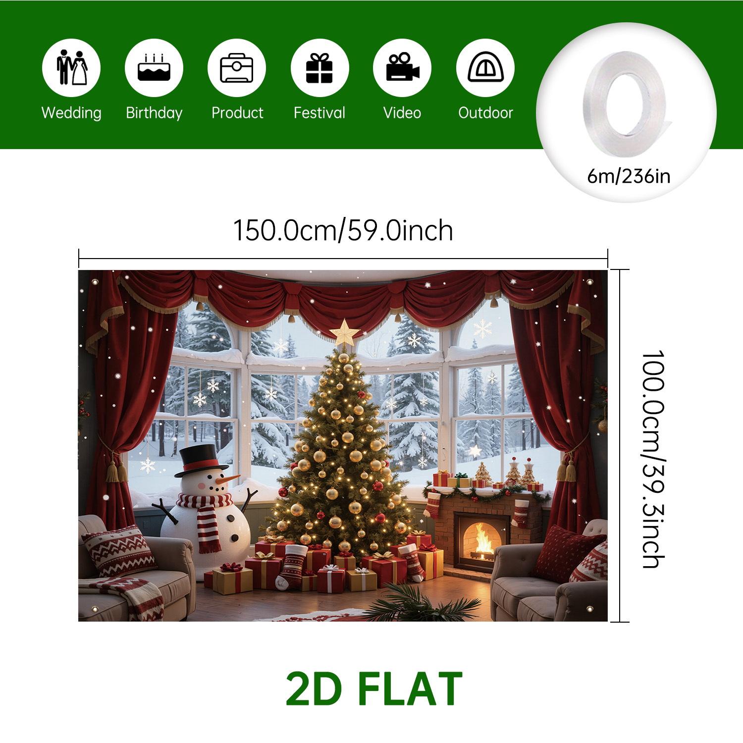 Christmas Theme Background Banner, Durable Polyester, Festive Home Decor, Tree with Bells, Gifts, Snowman, Fireplace, Party Decoration